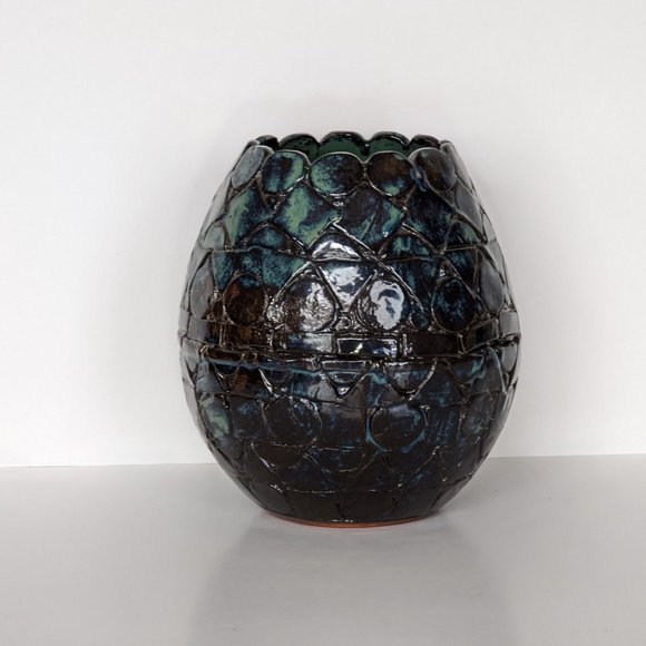 Handmade+Signed "adams" Studio Blue Iridescent Fired Clay Vase Geometric Shapes - Picture 2 of 5